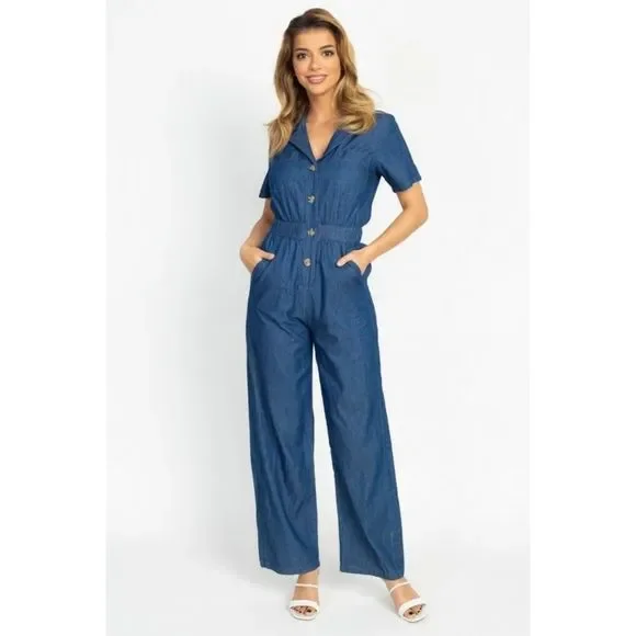 Women's Button Front Short Sleeve Denim Jumpsuit - Picture 1 of 1
